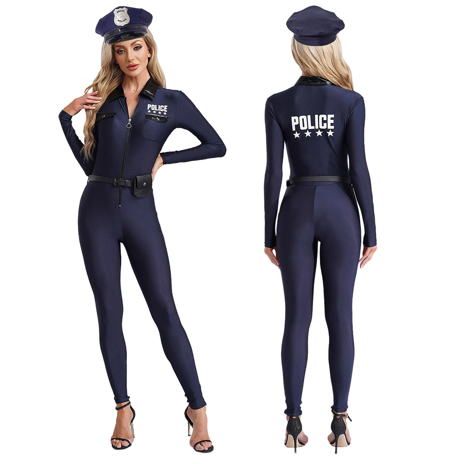 Women Halloween Theme Party Dirty Cop Policewoman Cosplay Costume Long Sleeve Zipper Jumpsuit with Belt Purse Hat Police Uniform