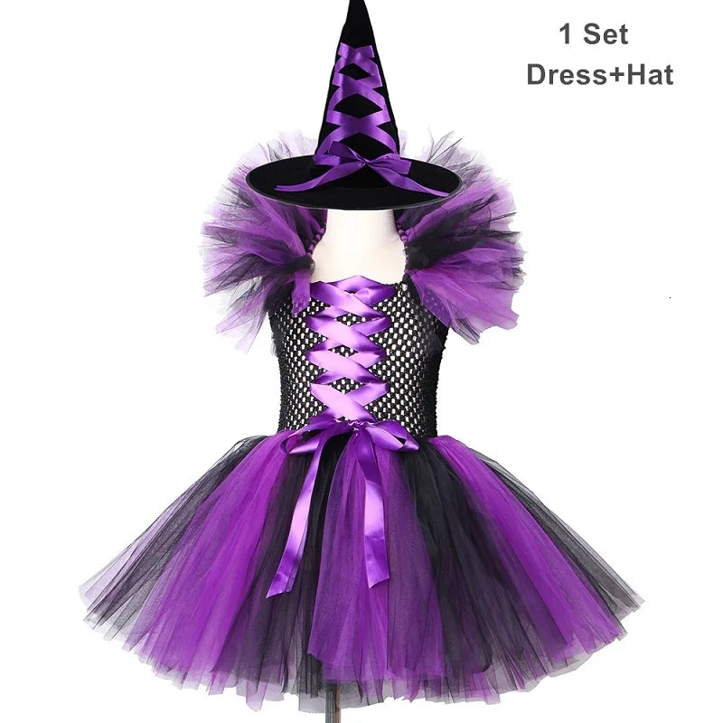 Halloween Costume For Kids Girls Witch Kids Clothing Fancy Tutu Dress with Hat  Girls Fantasy Carnival Party Dress