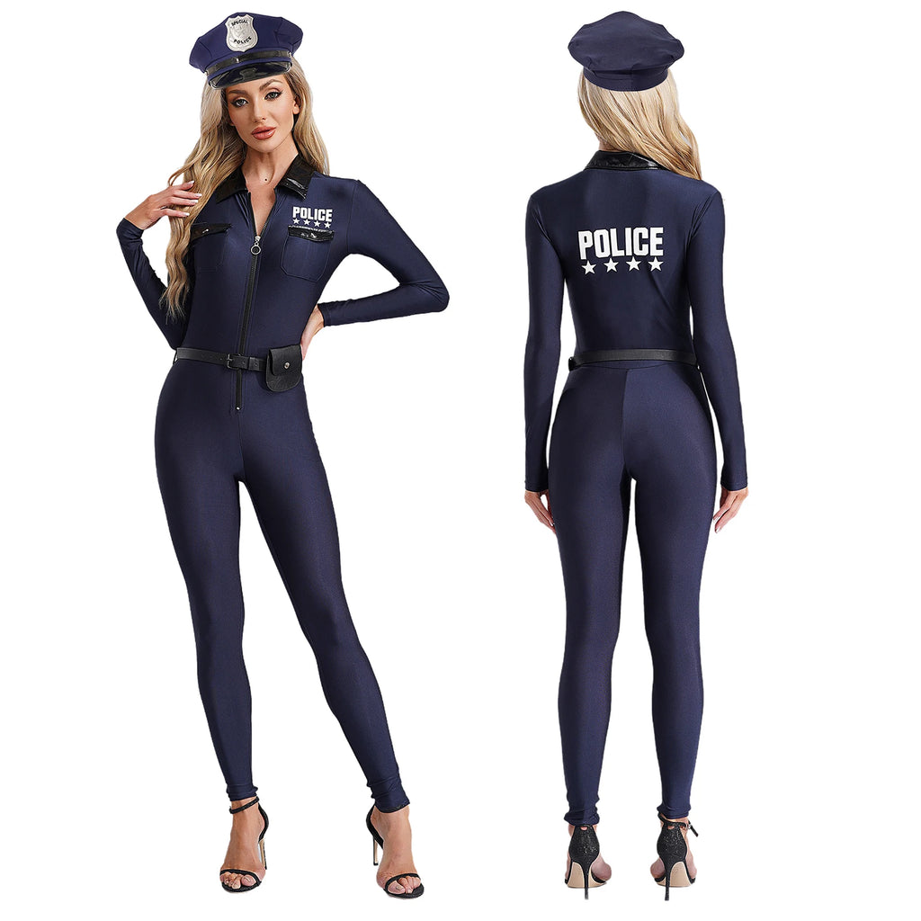 Women Halloween Theme Party Dirty Cop Policewoman Cosplay Costume Long Sleeve Zipper Jumpsuit with Belt Purse Hat Police Uniform