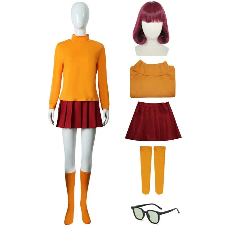 Halloween  Velma Seragam Cosplay Kostum Orange Short Skirt Uniform Wanita Oranye Kaus Kaki Rok Atas Halloween Party Carnival Set