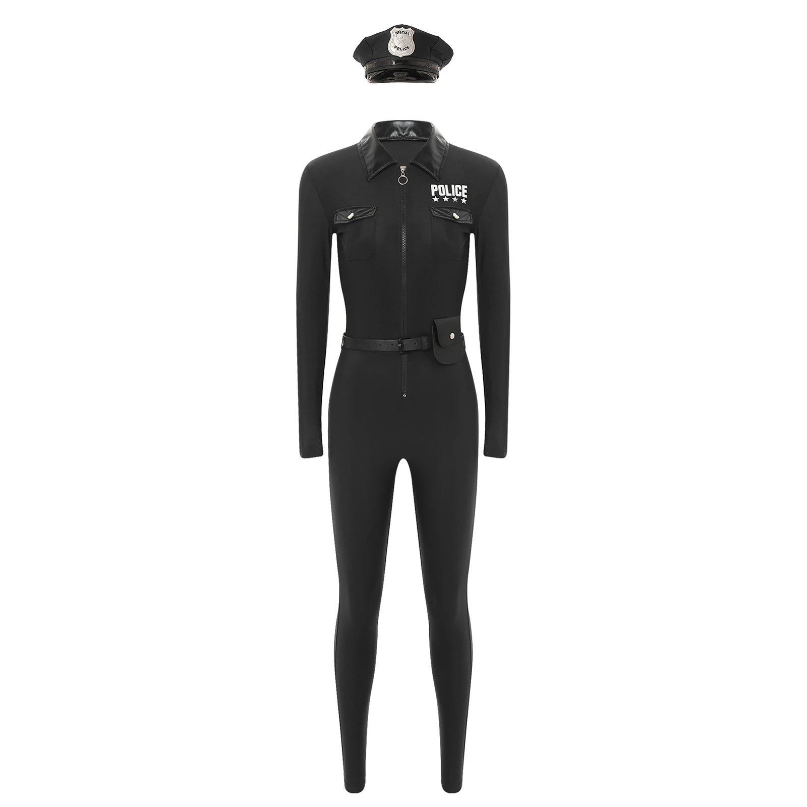Women Halloween Theme Party Dirty Cop Policewoman Cosplay Costume Long Sleeve Zipper Jumpsuit with Belt Purse Hat Police Uniform