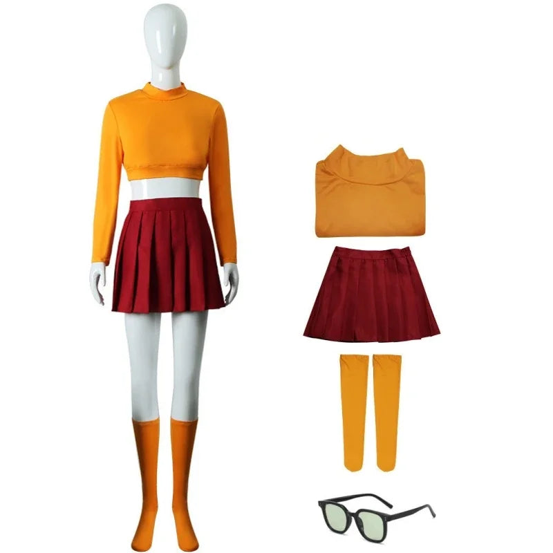 Halloween  Velma Seragam Cosplay Kostum Orange Short Skirt Uniform Wanita Oranye Kaus Kaki Rok Atas Halloween Party Carnival Set