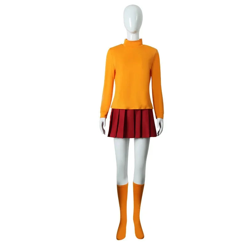 Halloween  Velma Seragam Cosplay Kostum Orange Short Skirt Uniform Wanita Oranye Kaus Kaki Rok Atas Halloween Party Carnival Set