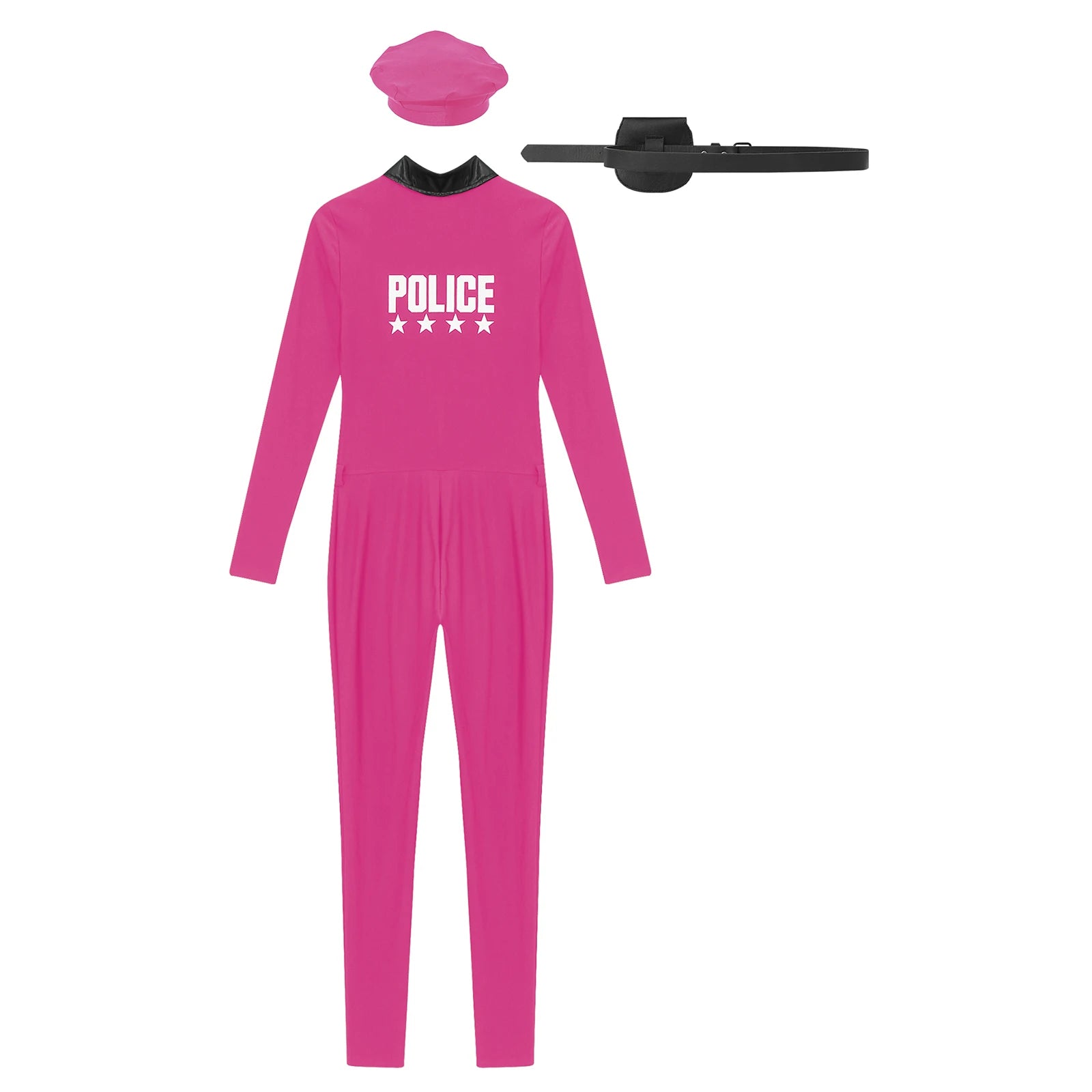 Women Halloween Theme Party Dirty Cop Policewoman Cosplay Costume Long Sleeve Zipper Jumpsuit with Belt Purse Hat Police Uniform