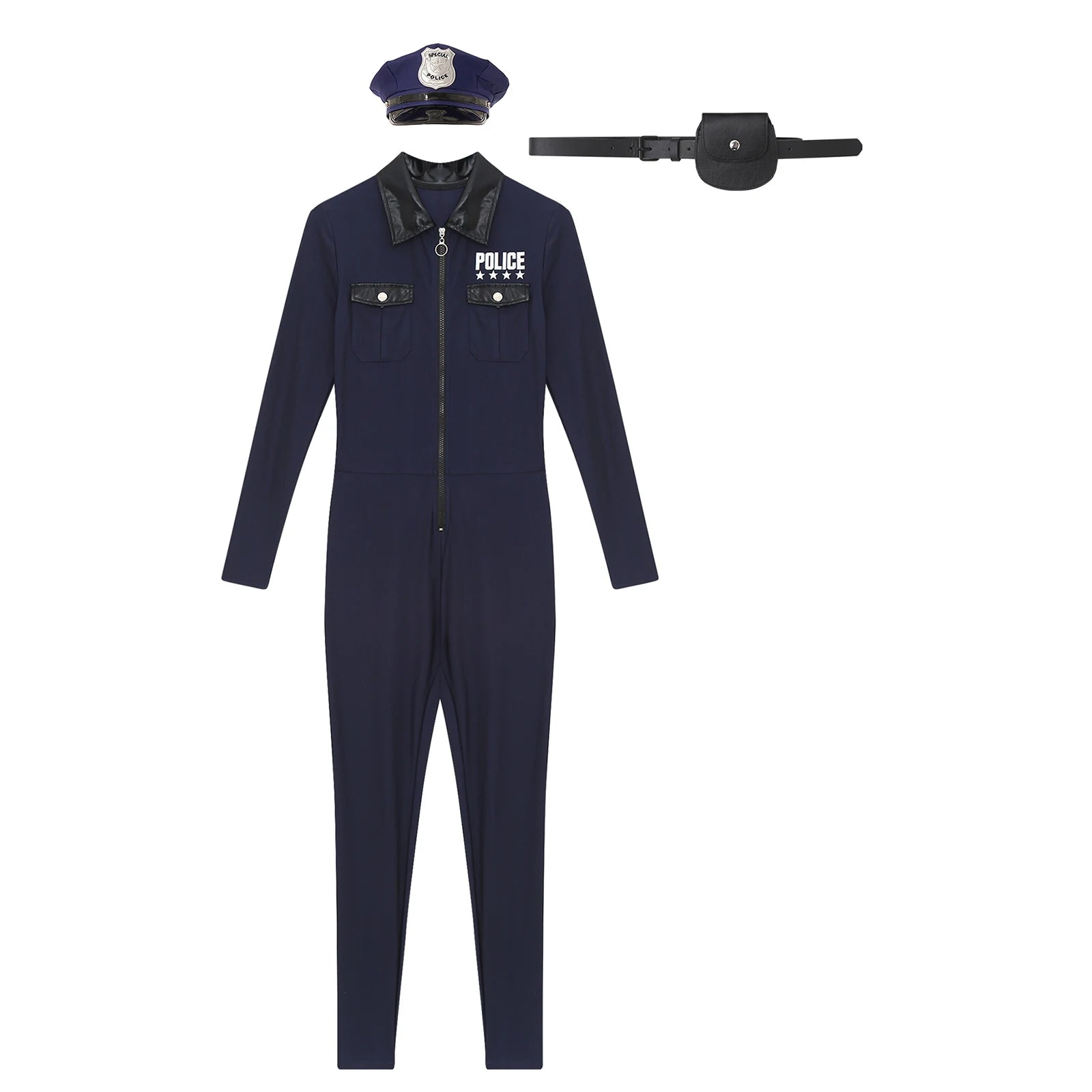 Women Halloween Theme Party Dirty Cop Policewoman Cosplay Costume Long Sleeve Zipper Jumpsuit with Belt Purse Hat Police Uniform