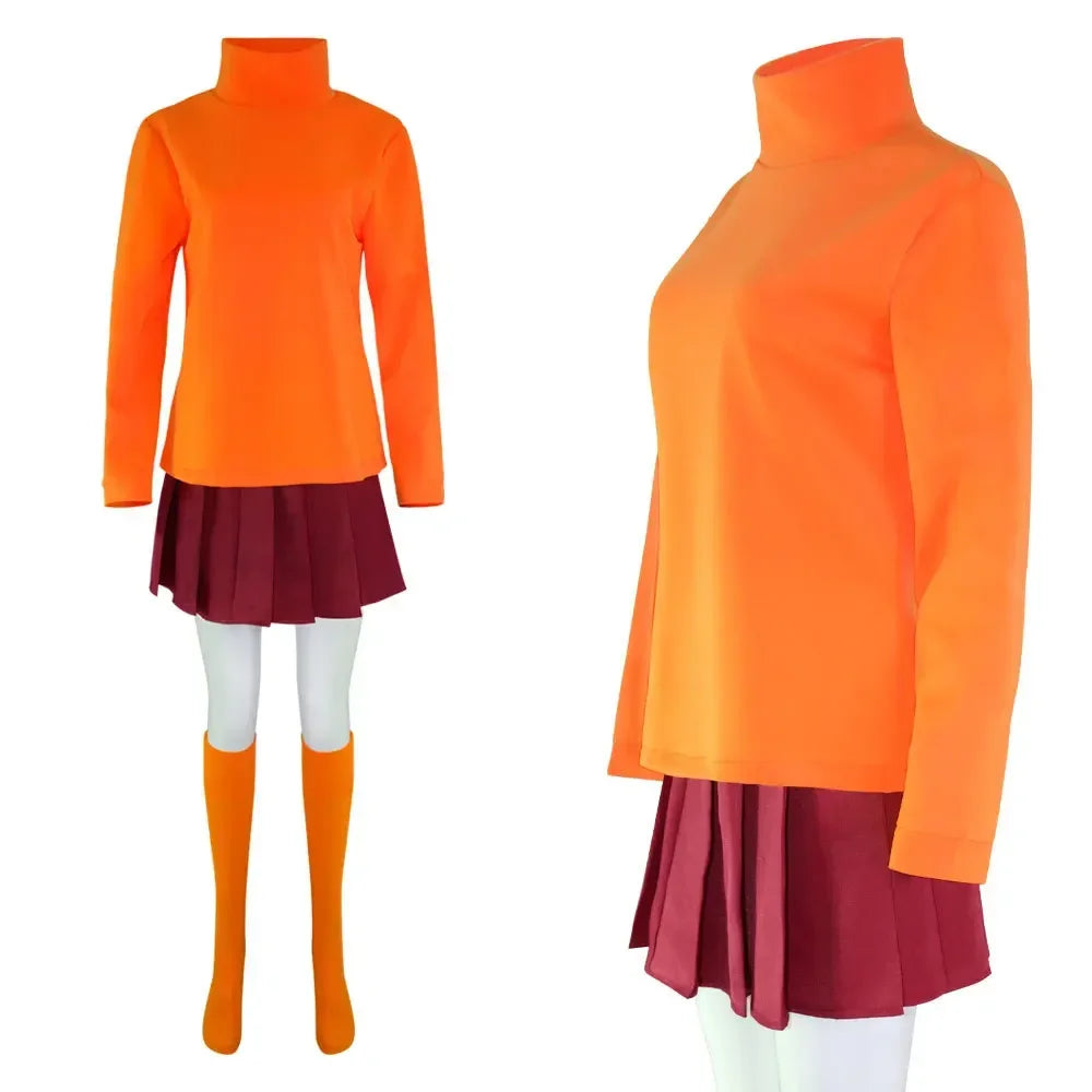 Halloween  Velma Seragam Cosplay Kostum Orange Short Skirt Uniform Wanita Oranye Kaus Kaki Rok Atas Halloween Party Carnival Set