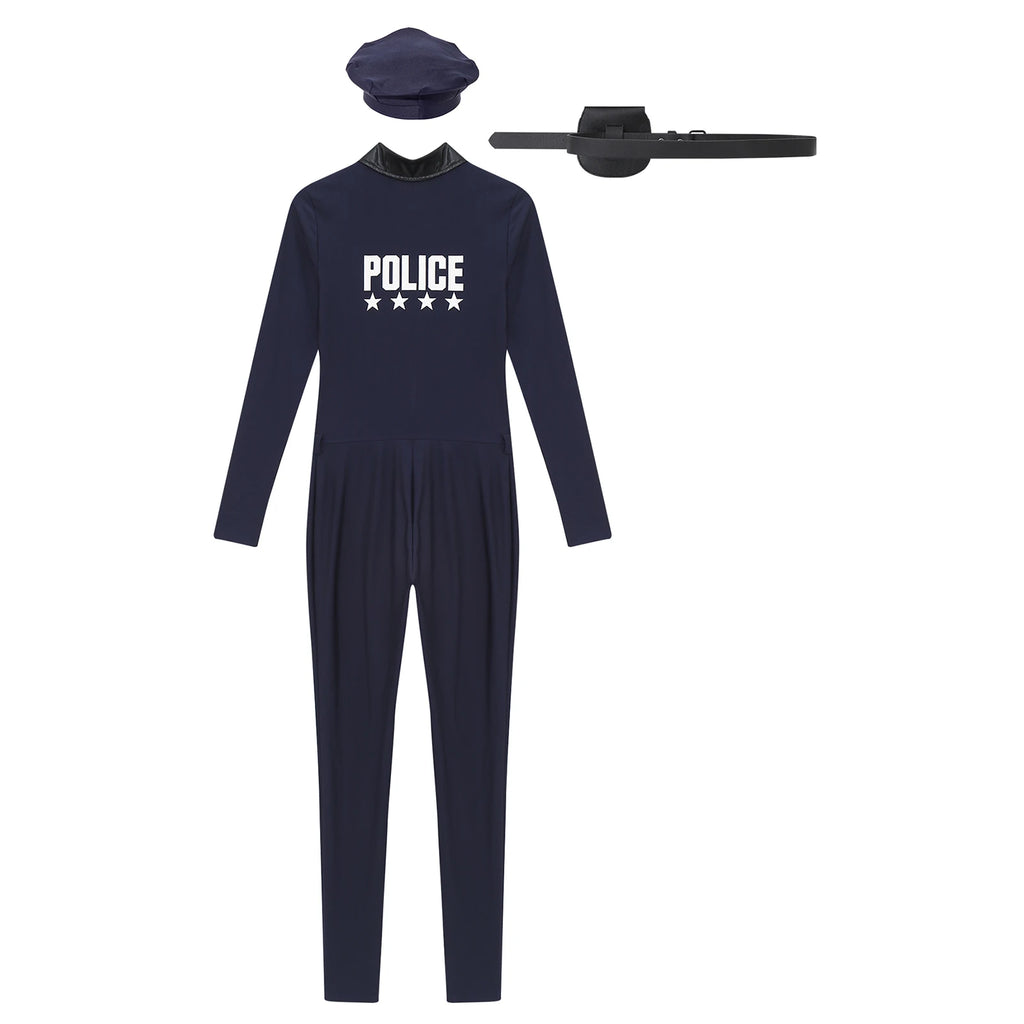 Women Halloween Theme Party Dirty Cop Policewoman Cosplay Costume Long Sleeve Zipper Jumpsuit with Belt Purse Hat Police Uniform