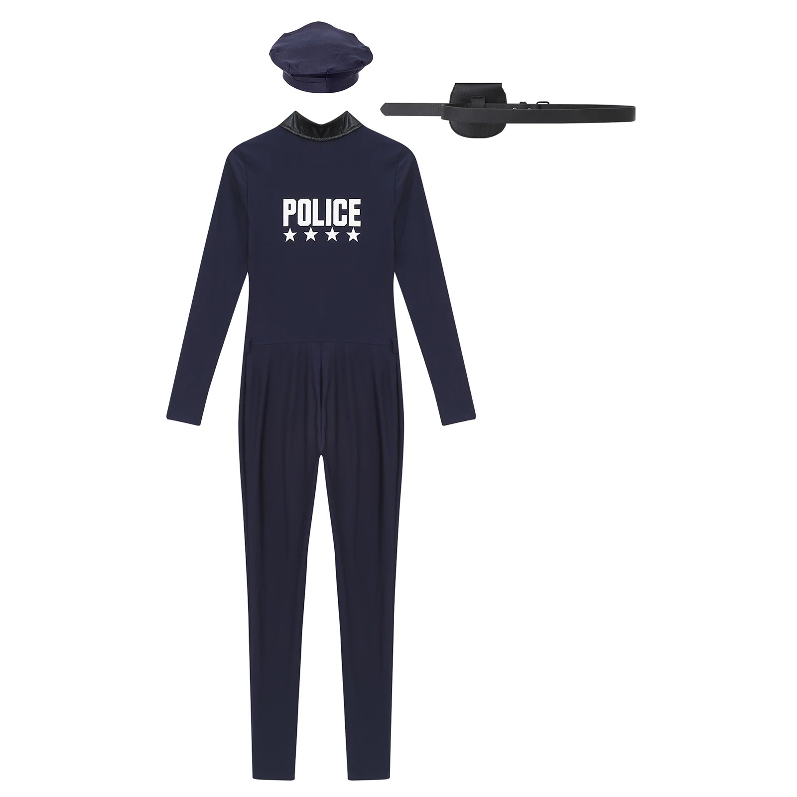 Women Halloween Theme Party Dirty Cop Policewoman Cosplay Costume Long Sleeve Zipper Jumpsuit with Belt Purse Hat Police Uniform