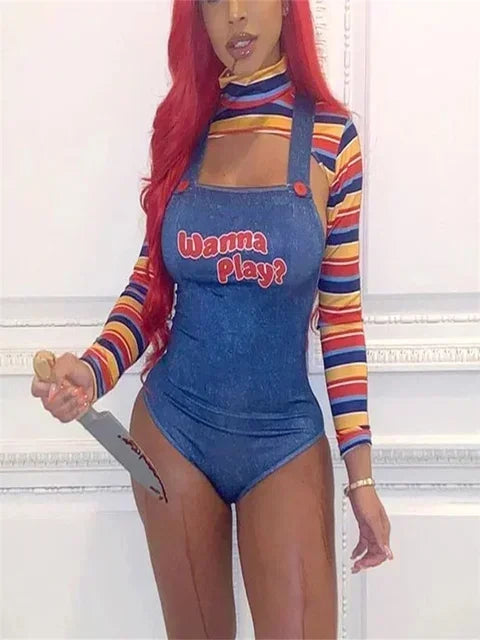 Halloween Costumes for Women Scary Nightmare Killer Doll Wanna Play Movie Character Bodysuit Chucky Doll Costume Set