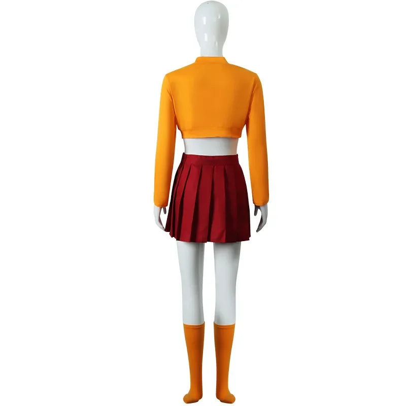 Halloween  Velma Seragam Cosplay Kostum Orange Short Skirt Uniform Wanita Oranye Kaus Kaki Rok Atas Halloween Party Carnival Set