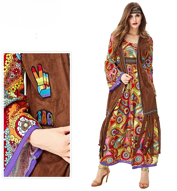 Halloween Costume 70s Outfits Adult Women Hippie Clothes Disco Dancing Dress Bohemian Rhapsody Free Unrestrained Romantic Pretty
