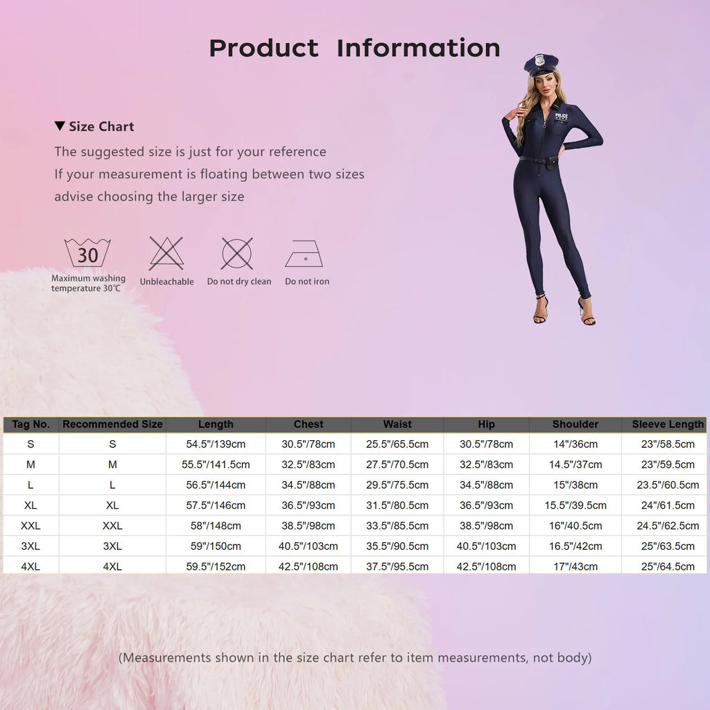 Women Halloween Theme Party Dirty Cop Policewoman Cosplay Costume Long Sleeve Zipper Jumpsuit with Belt Purse Hat Police Uniform