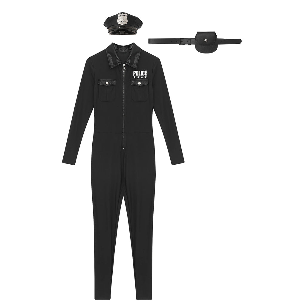 Women Halloween Theme Party Dirty Cop Policewoman Cosplay Costume Long Sleeve Zipper Jumpsuit with Belt Purse Hat Police Uniform
