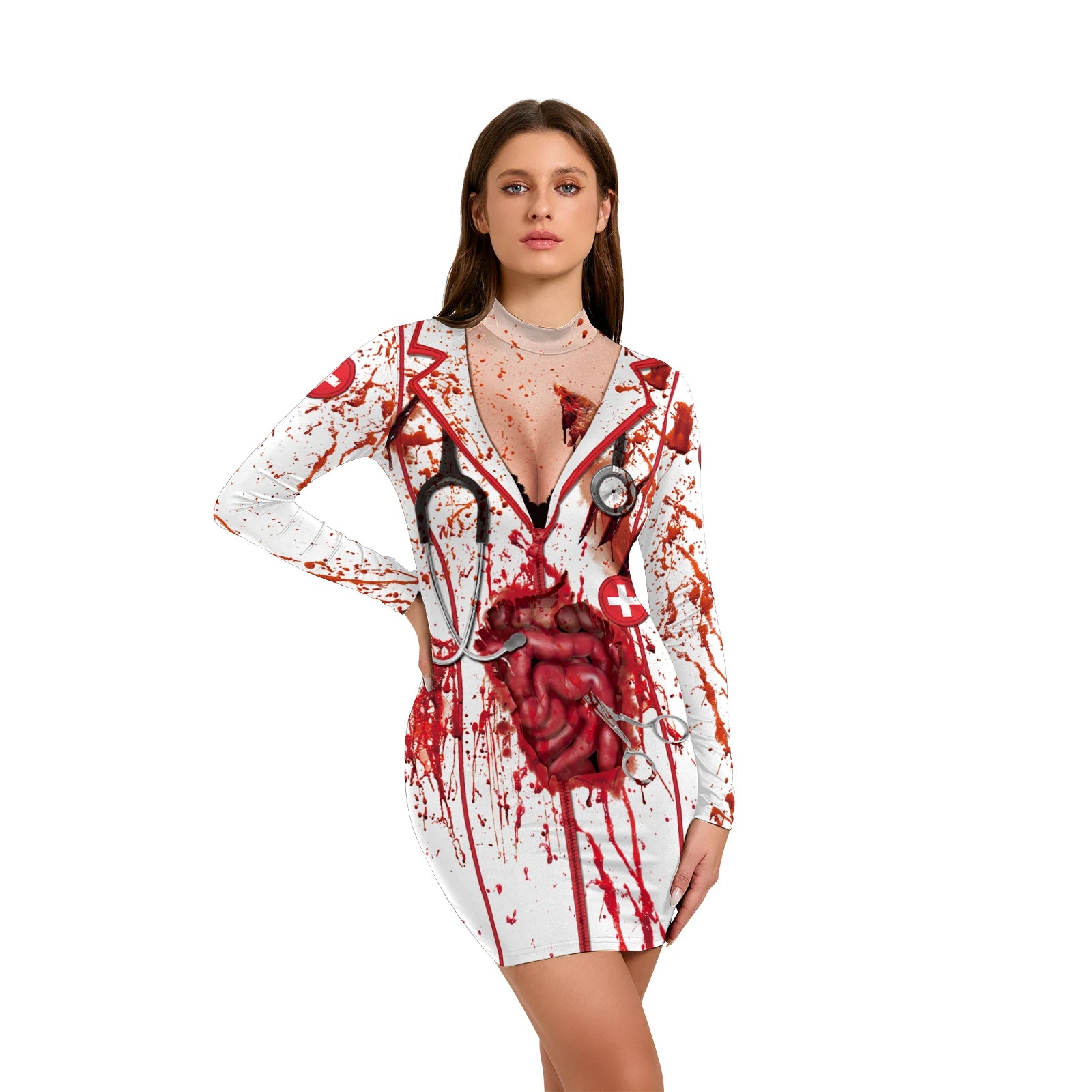 Nurse Halloween Costume For Women 3D Printed Skeleton Uniform Carnival Sexy Cosplay Outfit Fancy Dresses Party Long Sleeves