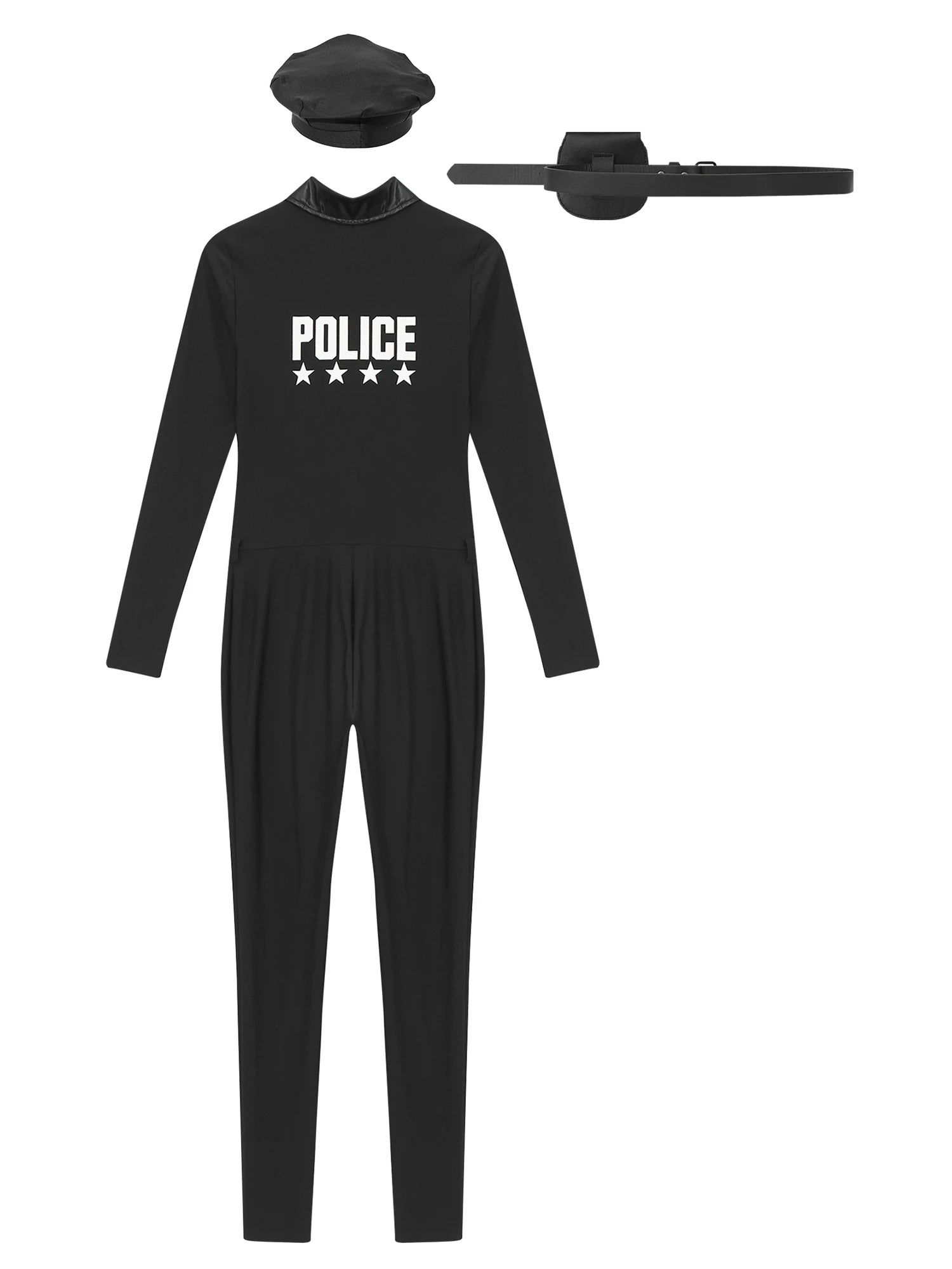 Women Halloween Theme Party Dirty Cop Policewoman Cosplay Costume Long Sleeve Zipper Jumpsuit with Belt Purse Hat Police Uniform