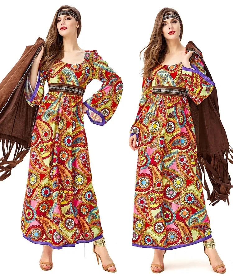 Halloween Costume 70s Outfits Adult Women Hippie Clothes Disco Dancing Dress Bohemian Rhapsody Free Unrestrained Romantic Pretty