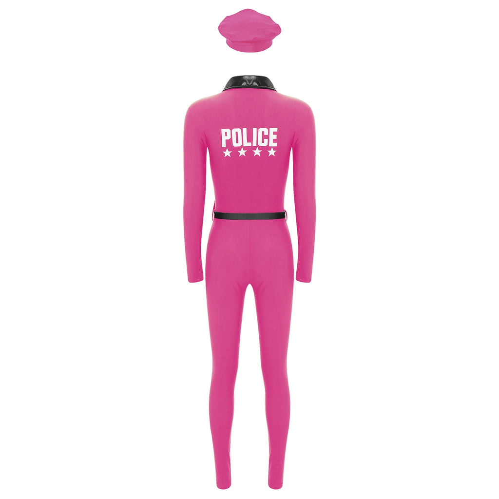 Women Halloween Theme Party Dirty Cop Policewoman Cosplay Costume Long Sleeve Zipper Jumpsuit with Belt Purse Hat Police Uniform