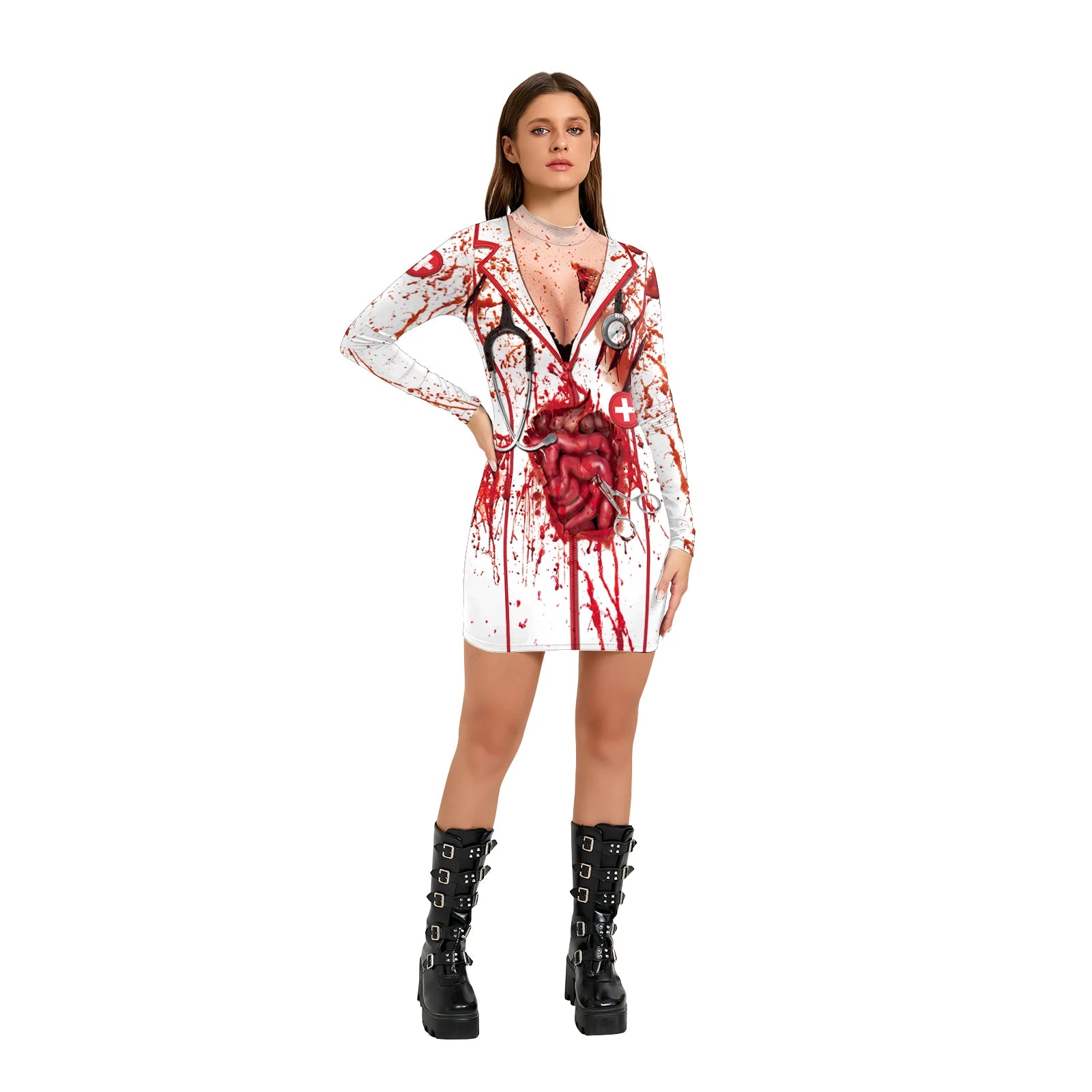 Nurse Halloween Costume For Women 3D Printed Skeleton Uniform Carnival Sexy Cosplay Outfit Fancy Dresses Party Long Sleeves