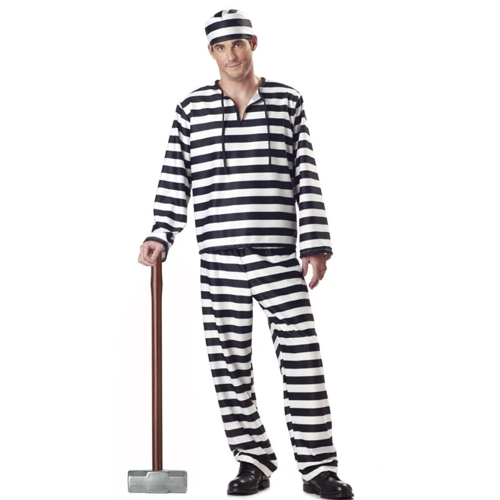CP Cospaly Convict Prisoner Costume Striped Halloween Cos Couple's Convict Costume Classic Striped Halloween Costumes for Women