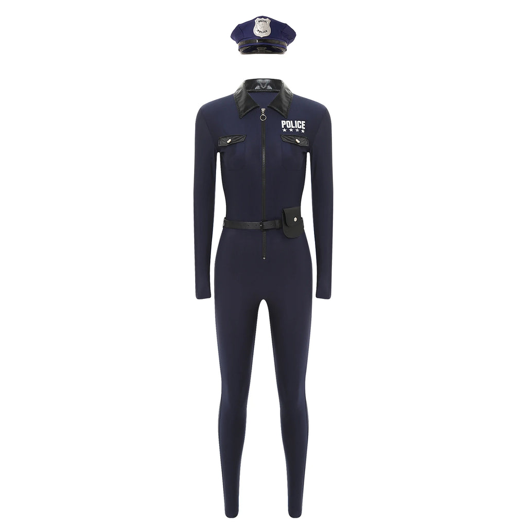 Women Halloween Theme Party Dirty Cop Policewoman Cosplay Costume Long Sleeve Zipper Jumpsuit with Belt Purse Hat Police Uniform