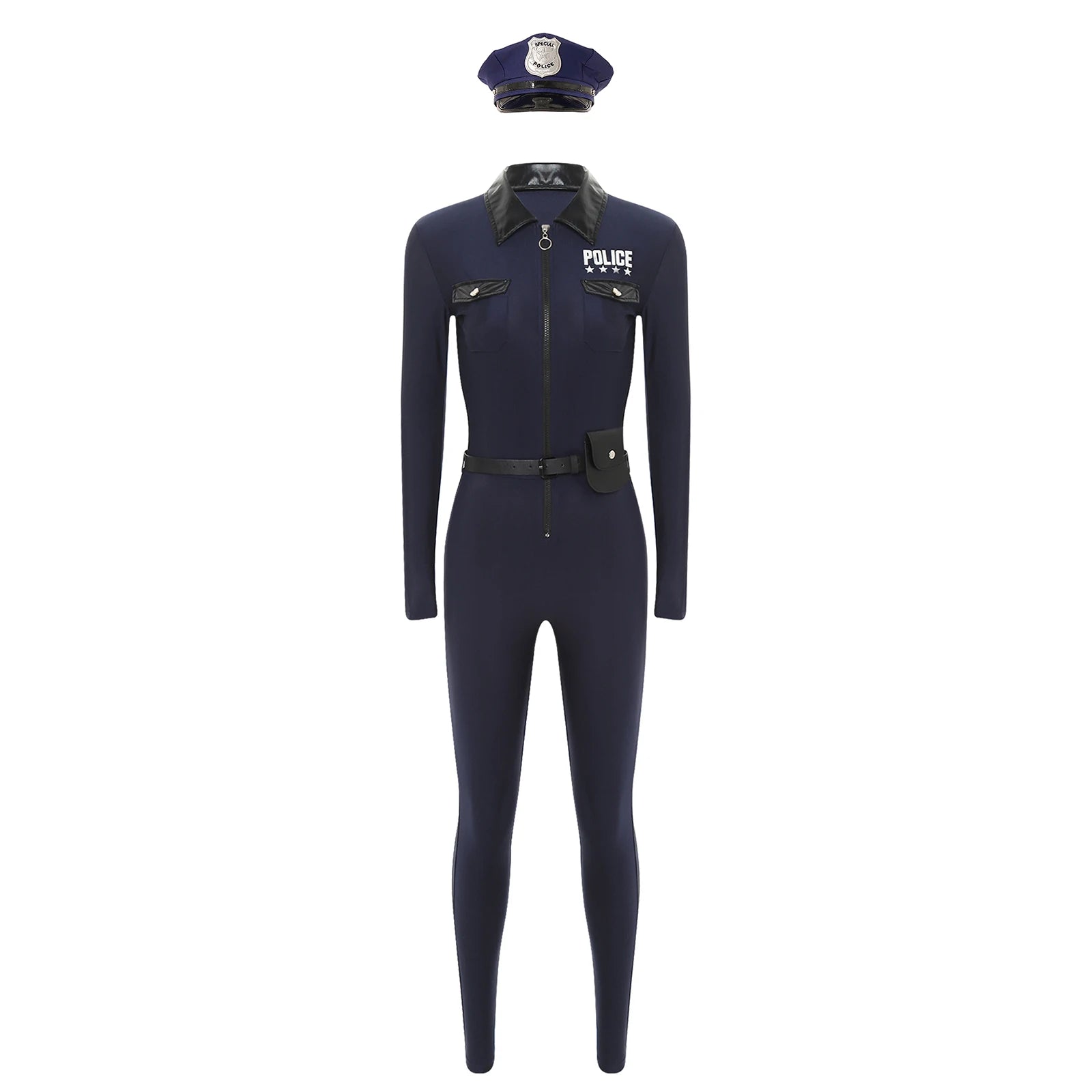 Women Halloween Theme Party Dirty Cop Policewoman Cosplay Costume Long Sleeve Zipper Jumpsuit with Belt Purse Hat Police Uniform