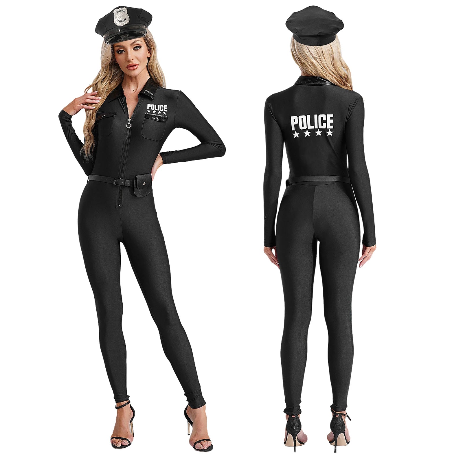 Women Halloween Theme Party Dirty Cop Policewoman Cosplay Costume Long Sleeve Zipper Jumpsuit with Belt Purse Hat Police Uniform