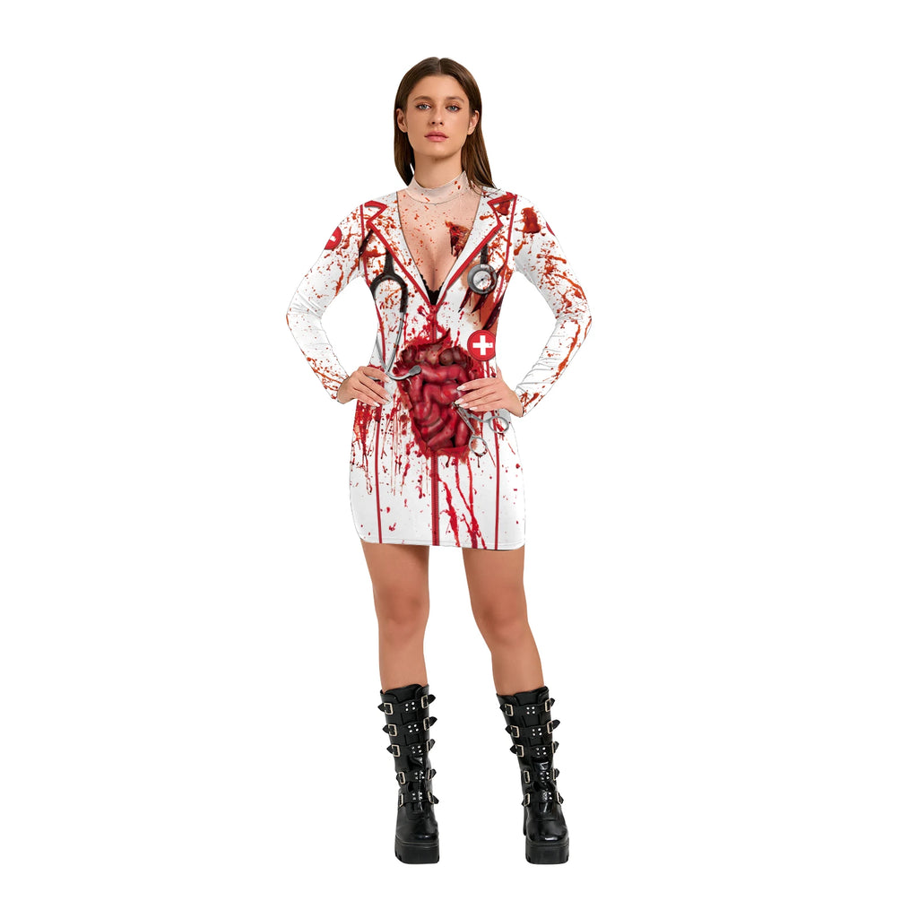 Nurse Halloween Costume For Women 3D Printed Skeleton Uniform Carnival Sexy Cosplay Outfit Fancy Dresses Party Long Sleeves