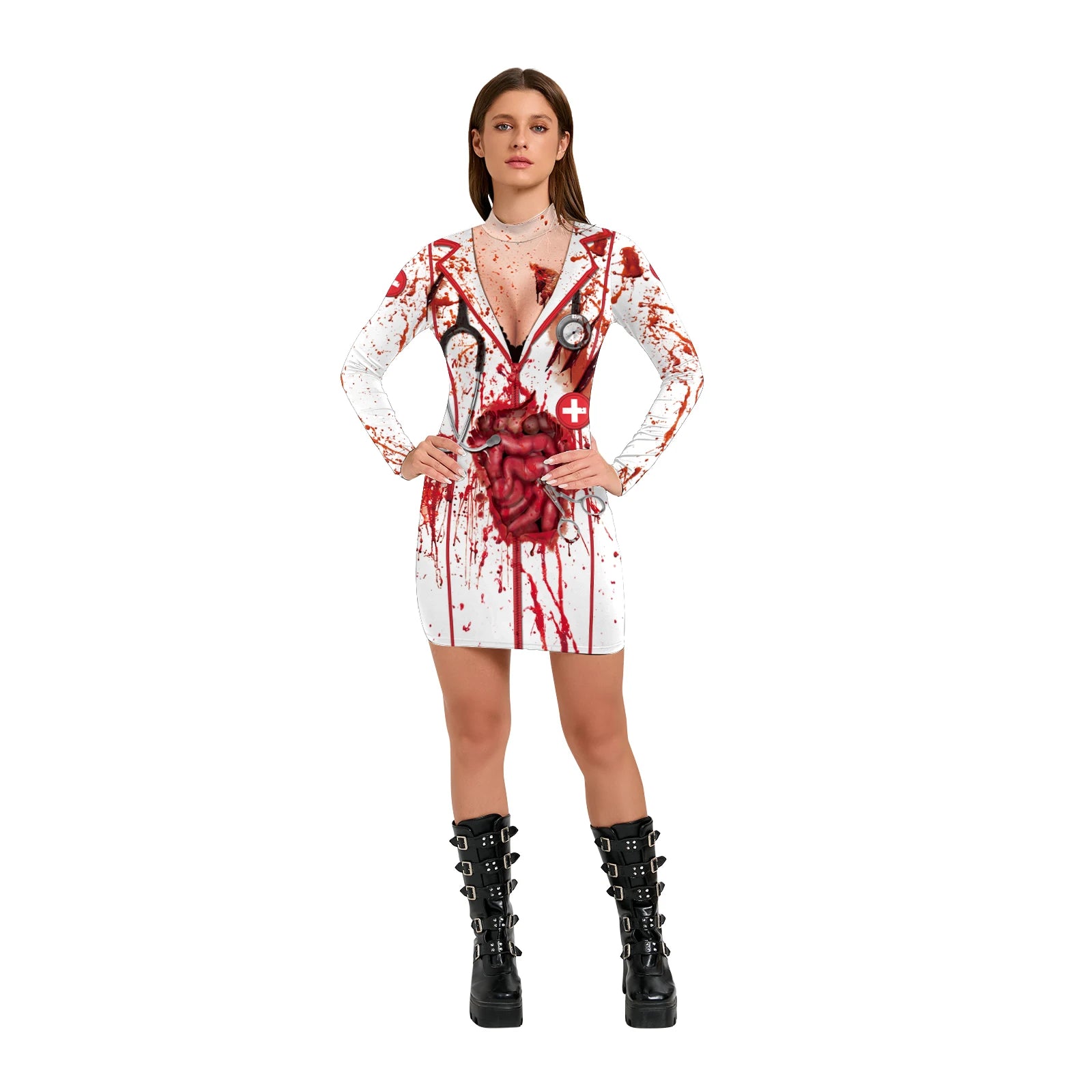 Nurse Halloween Costume For Women 3D Printed Skeleton Uniform Carnival Sexy Cosplay Outfit Fancy Dresses Party Long Sleeves