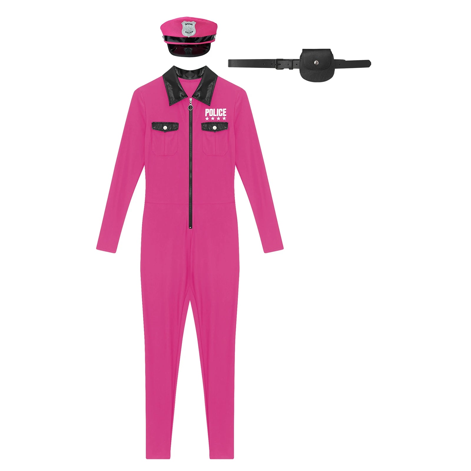 Women Halloween Theme Party Dirty Cop Policewoman Cosplay Costume Long Sleeve Zipper Jumpsuit with Belt Purse Hat Police Uniform