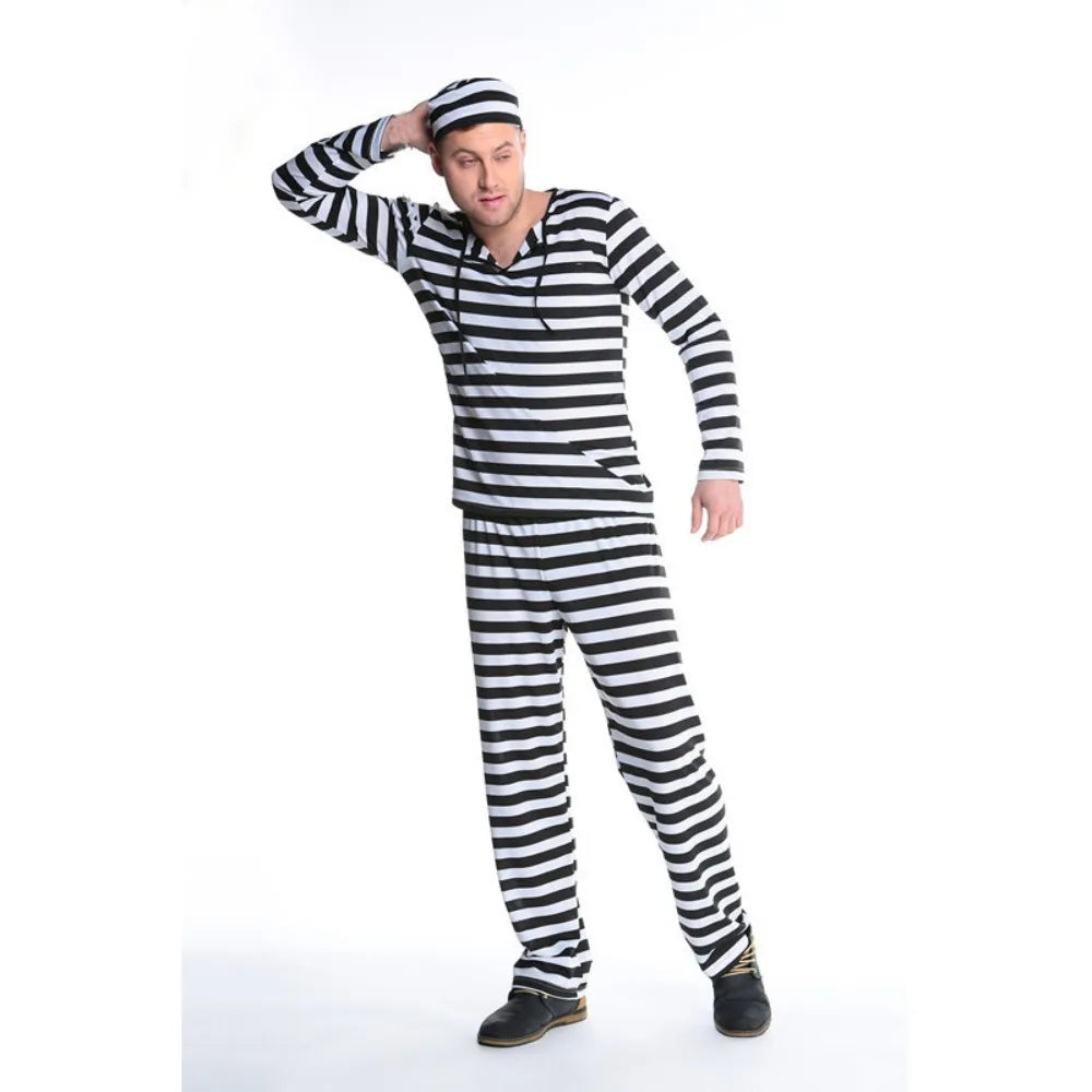 CP Cospaly Convict Prisoner Costume Striped Halloween Cos Couple's Convict Costume Classic Striped Halloween Costumes for Women