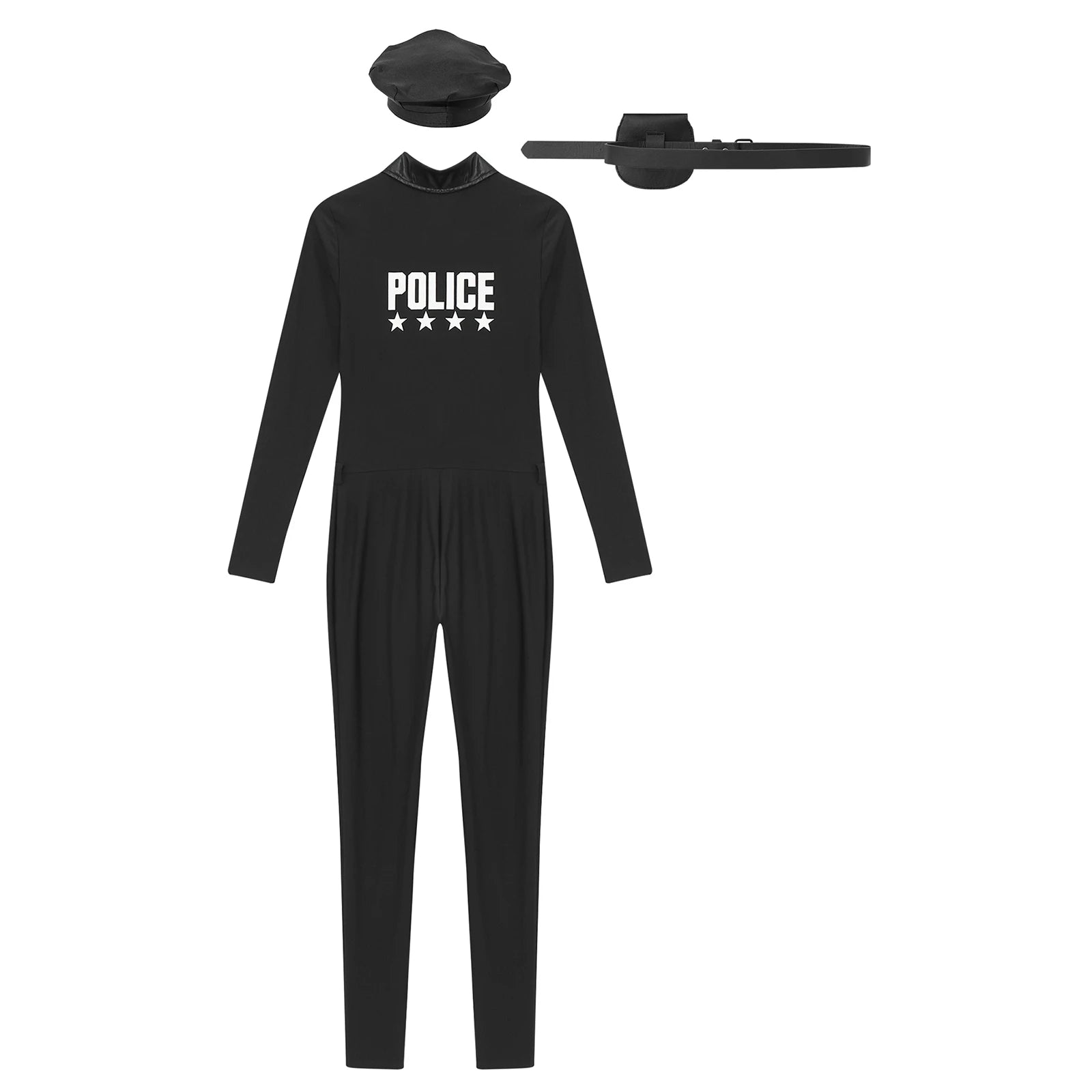 Women Halloween Theme Party Dirty Cop Policewoman Cosplay Costume Long Sleeve Zipper Jumpsuit with Belt Purse Hat Police Uniform