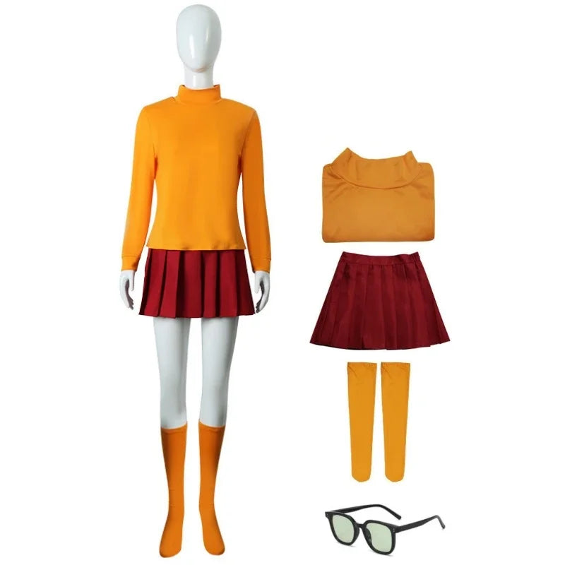 Halloween  Velma Seragam Cosplay Kostum Orange Short Skirt Uniform Wanita Oranye Kaus Kaki Rok Atas Halloween Party Carnival Set
