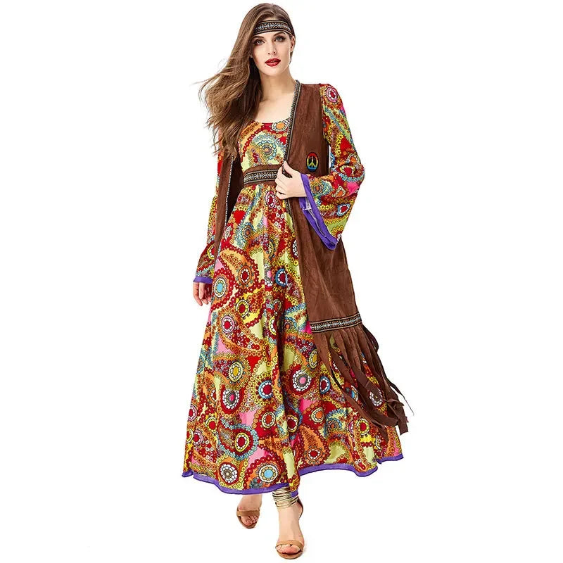 Halloween Costume 70s Outfits Adult Women Hippie Clothes Disco Dancing Dress Bohemian Rhapsody Free Unrestrained Romantic Pretty
