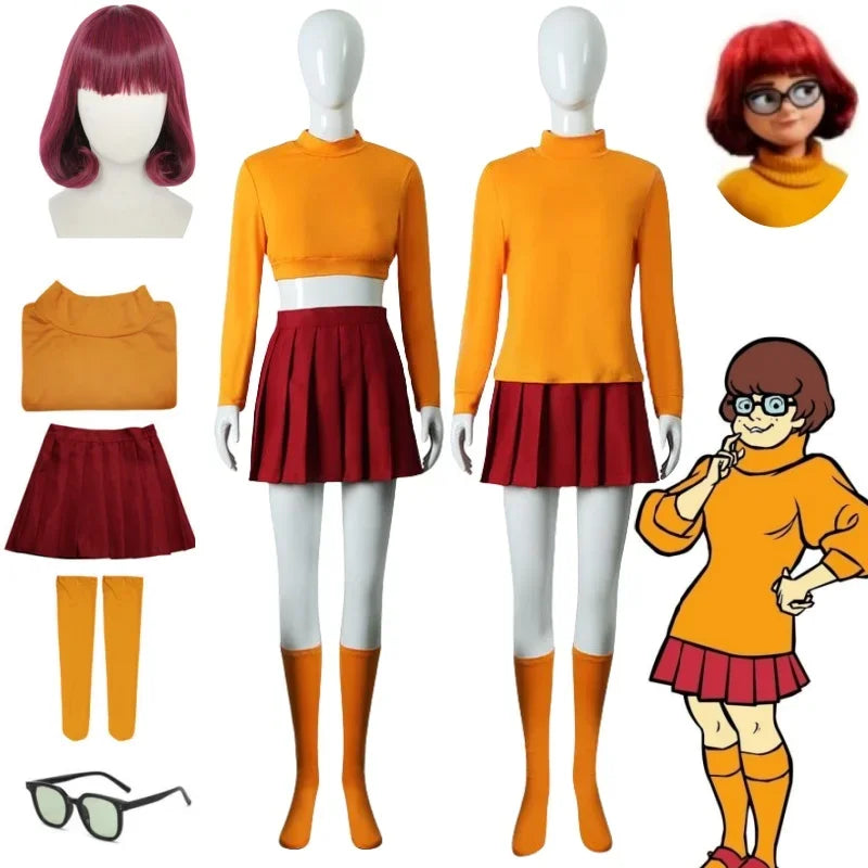 Halloween  Velma Seragam Cosplay Kostum Orange Short Skirt Uniform Wanita Oranye Kaus Kaki Rok Atas Halloween Party Carnival Set