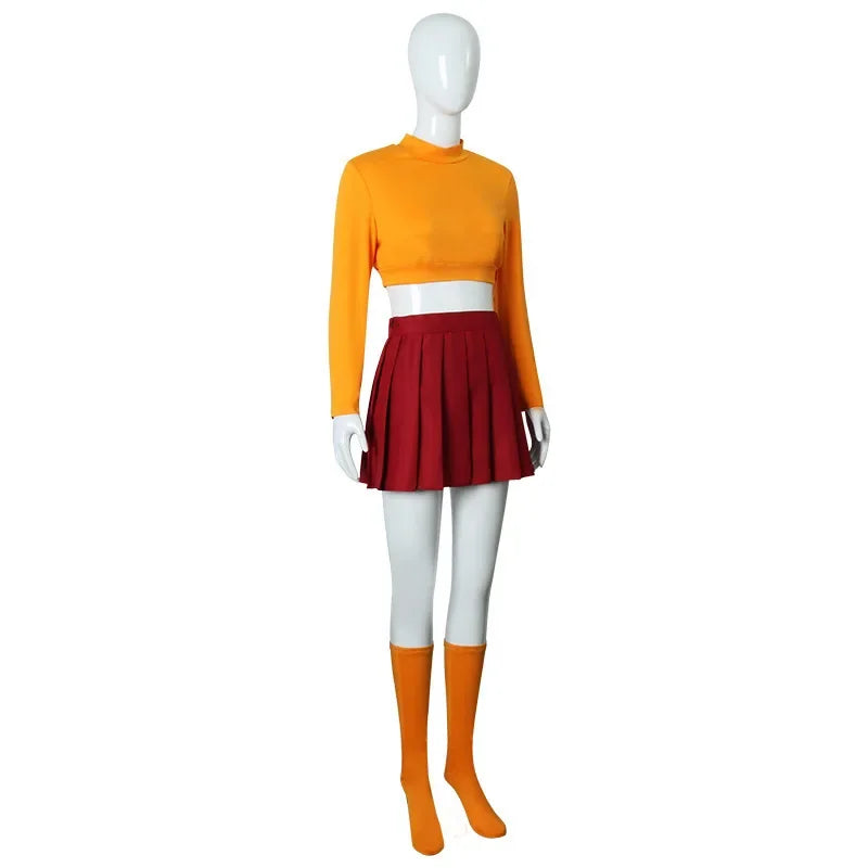 Halloween  Velma Seragam Cosplay Kostum Orange Short Skirt Uniform Wanita Oranye Kaus Kaki Rok Atas Halloween Party Carnival Set