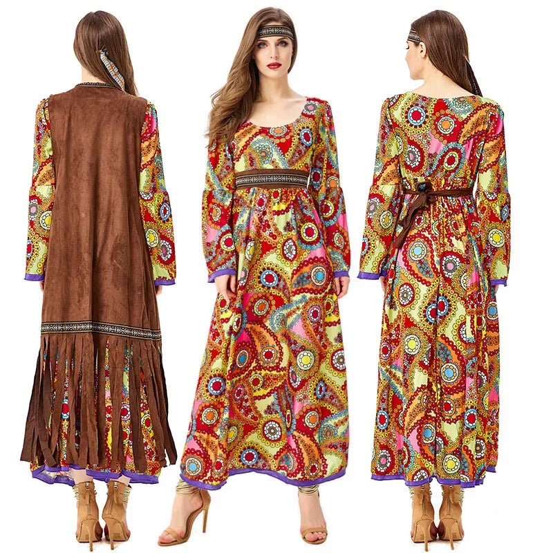 Halloween Costume 70s Outfits Adult Women Hippie Clothes Disco Dancing Dress Bohemian Rhapsody Free Unrestrained Romantic Pretty