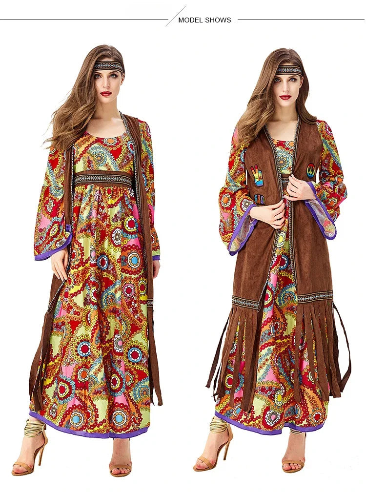 Halloween Costume 70s Outfits Adult Women Hippie Clothes Disco Dancing Dress Bohemian Rhapsody Free Unrestrained Romantic Pretty