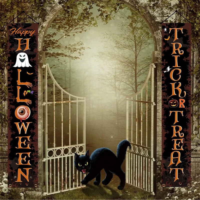 Halloween Haunted House Door Decorations, Spooky Spider Web & Ghostly Atmosphere Flags, Perfect for Halloween Party Decoration