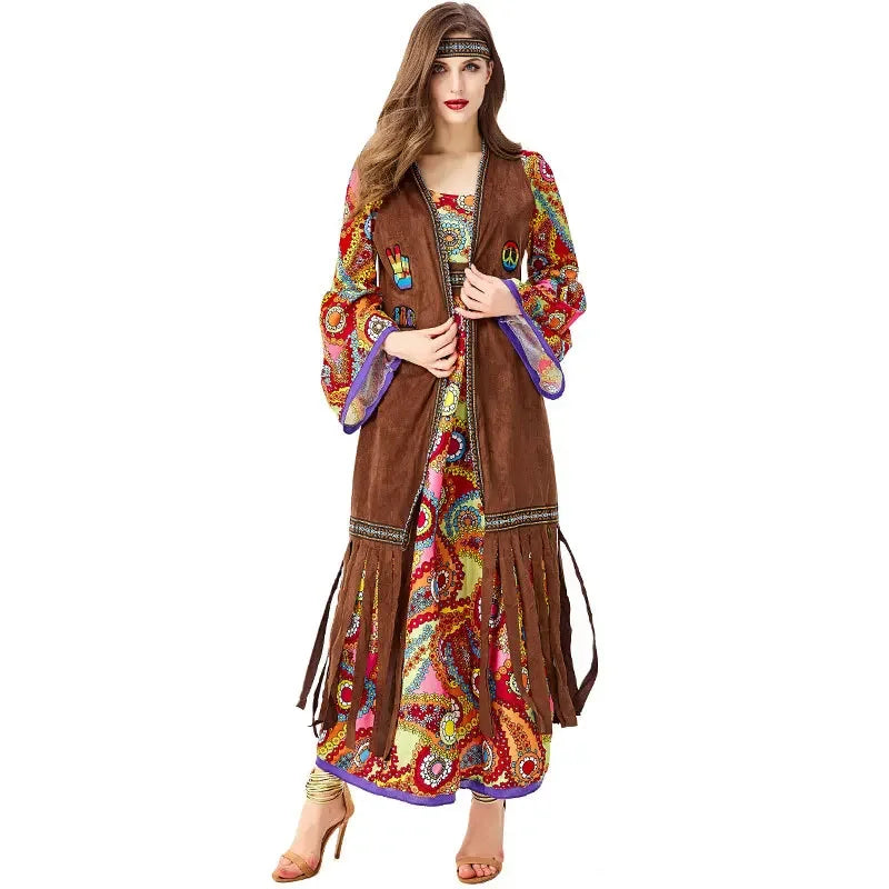 Halloween Costume 70s Outfits Adult Women Hippie Clothes Disco Dancing Dress Bohemian Rhapsody Free Unrestrained Romantic Pretty