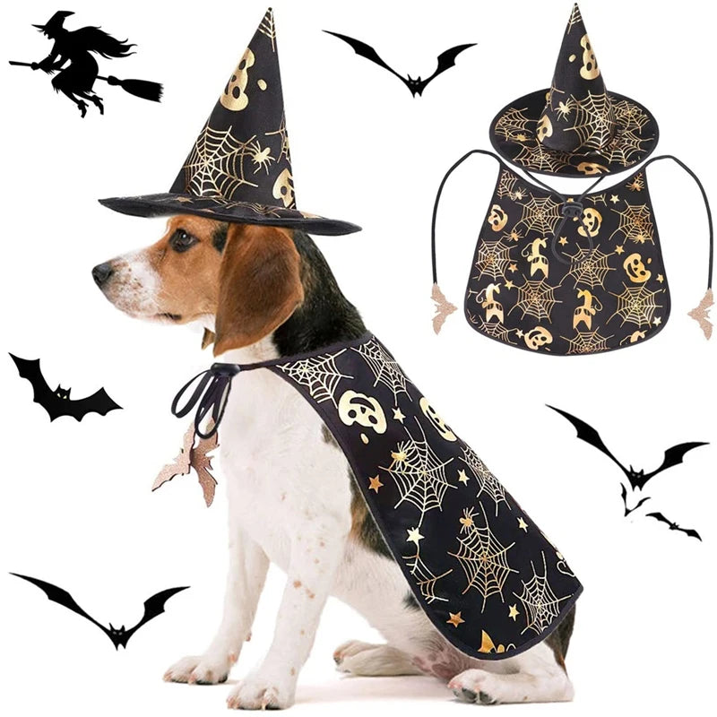 ABUN-Halloween Cat Costume Pet  Cape And Hat Cool Outfit Pet  Cape Hat Cats Cosplay Clothes Apparel Halloween