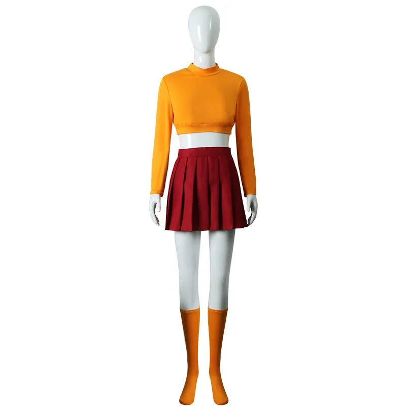 Halloween  Velma Seragam Cosplay Kostum Orange Short Skirt Uniform Wanita Oranye Kaus Kaki Rok Atas Halloween Party Carnival Set
