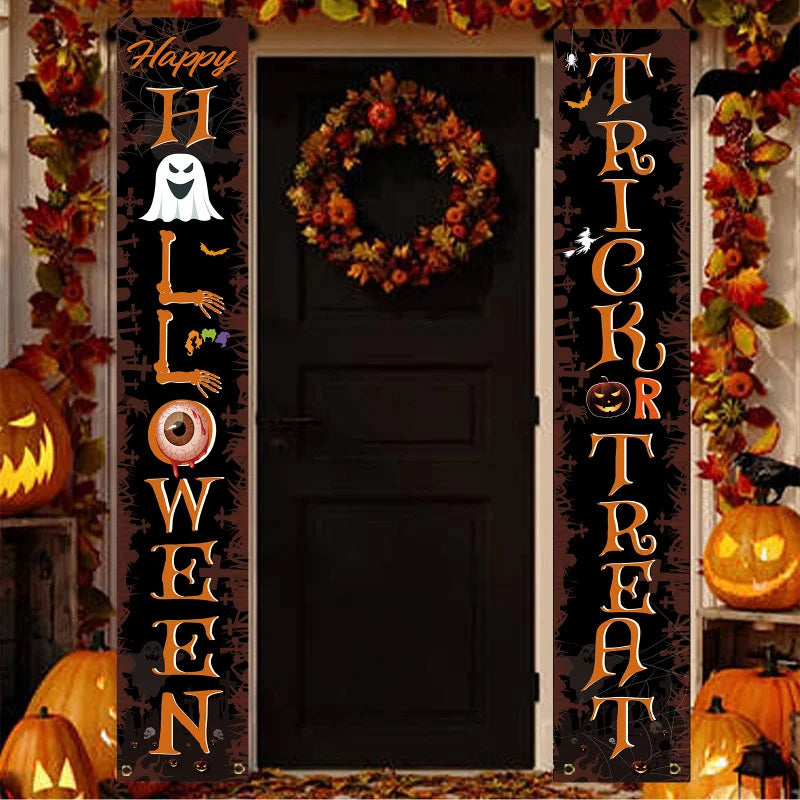 Halloween Haunted House Door Decorations, Spooky Spider Web & Ghostly Atmosphere Flags, Perfect for Halloween Party Decoration