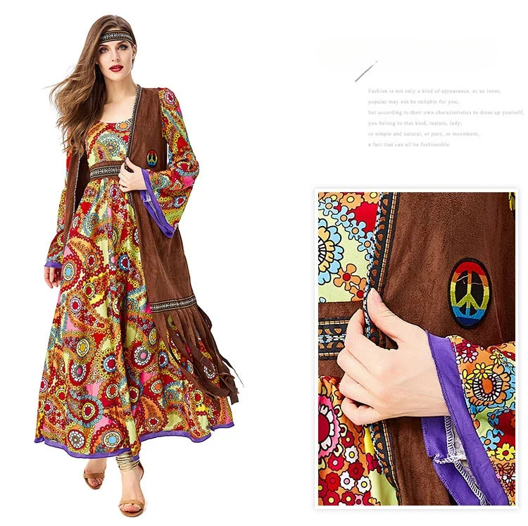 Halloween Costume 70s Outfits Adult Women Hippie Clothes Disco Dancing Dress Bohemian Rhapsody Free Unrestrained Romantic Pretty