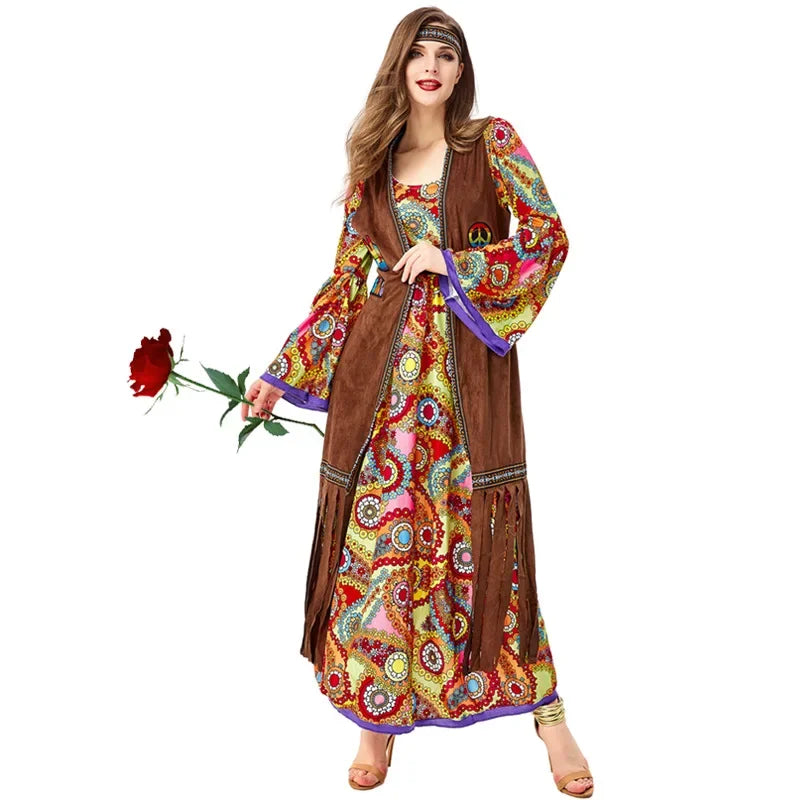 Halloween Costume 70s Outfits Adult Women Hippie Clothes Disco Dancing Dress Bohemian Rhapsody Free Unrestrained Romantic Pretty
