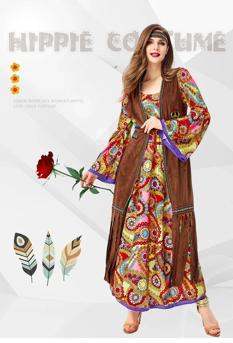 Halloween Costume 70s Outfits Adult Women Hippie Clothes Disco Dancing Dress Bohemian Rhapsody Free Unrestrained Romantic Pretty
