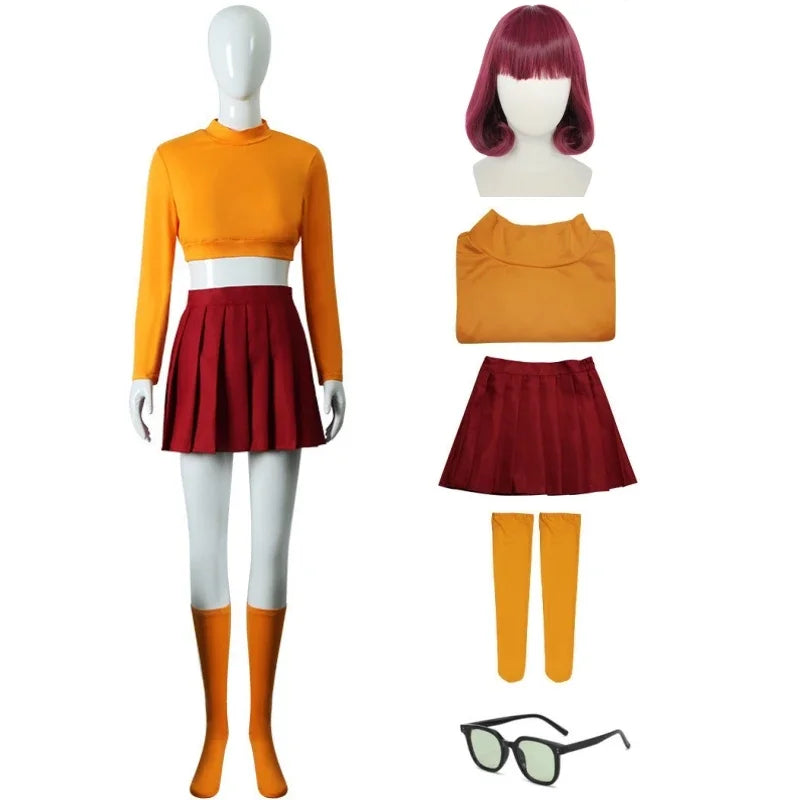 Halloween  Velma Seragam Cosplay Kostum Orange Short Skirt Uniform Wanita Oranye Kaus Kaki Rok Atas Halloween Party Carnival Set