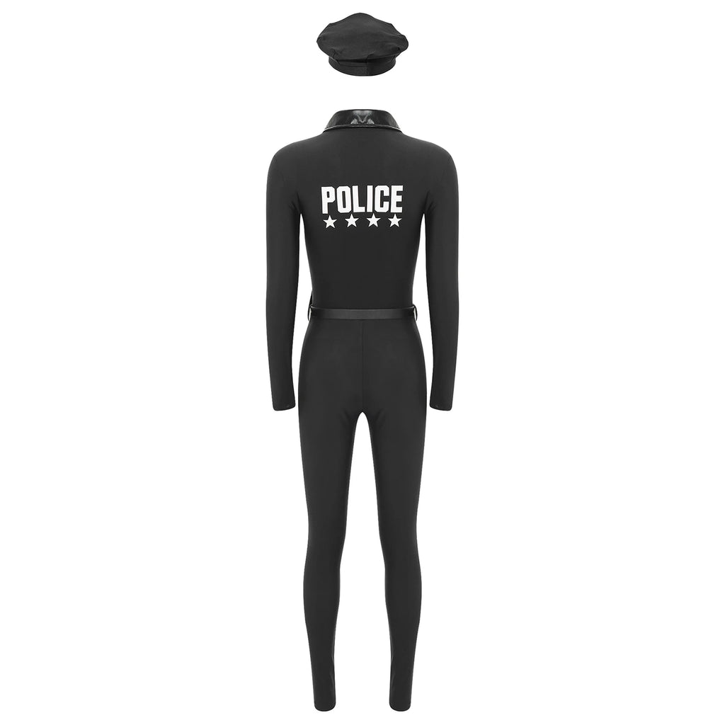 Women Halloween Theme Party Dirty Cop Policewoman Cosplay Costume Long Sleeve Zipper Jumpsuit with Belt Purse Hat Police Uniform