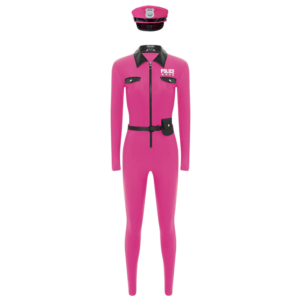 Women Halloween Theme Party Dirty Cop Policewoman Cosplay Costume Long Sleeve Zipper Jumpsuit with Belt Purse Hat Police Uniform