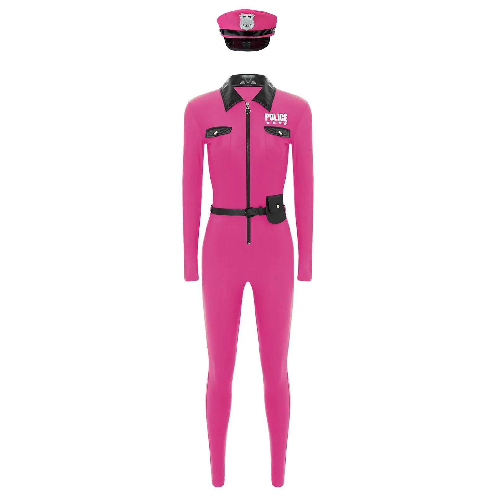 Women Halloween Theme Party Dirty Cop Policewoman Cosplay Costume Long Sleeve Zipper Jumpsuit with Belt Purse Hat Police Uniform