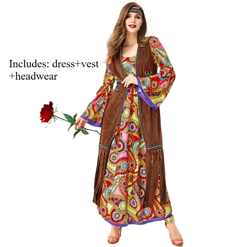 Halloween Costume 70s Outfits Adult Women Hippie Clothes Disco Dancing Dress Bohemian Rhapsody Free Unrestrained Romantic Pretty